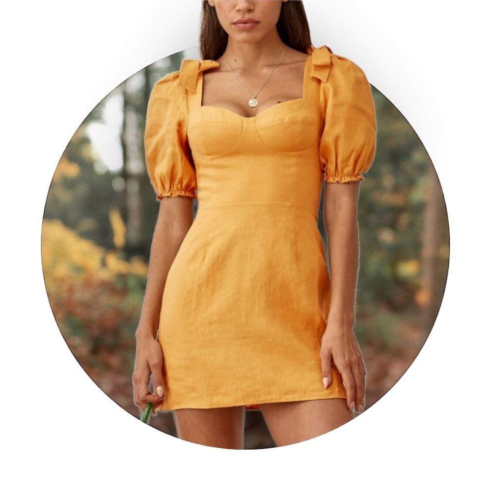 Reformation Spring Bow Sleeve Dress in Ochre, 100% Linen